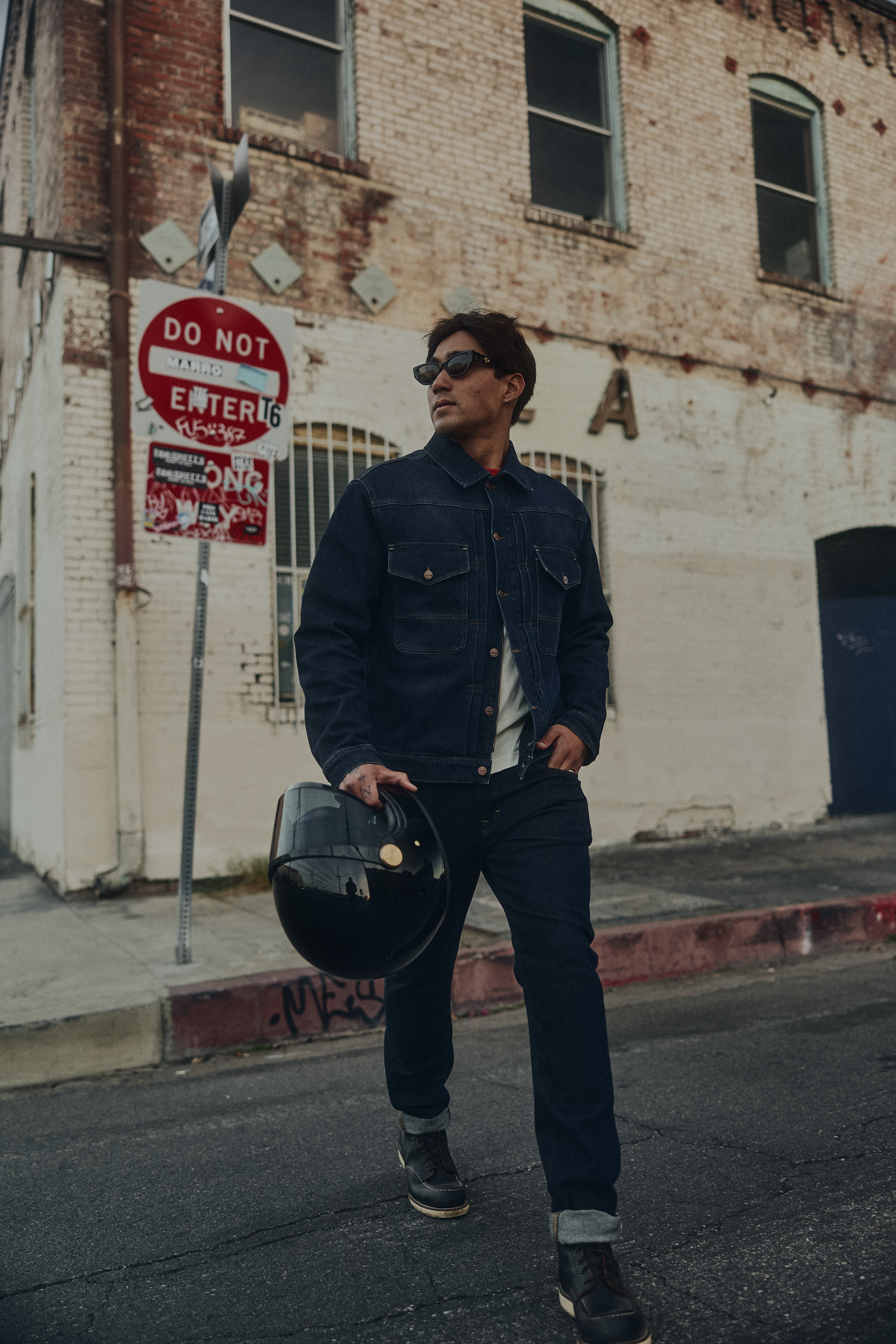 Man wearing Triumph Jax Denim Riding Jacket