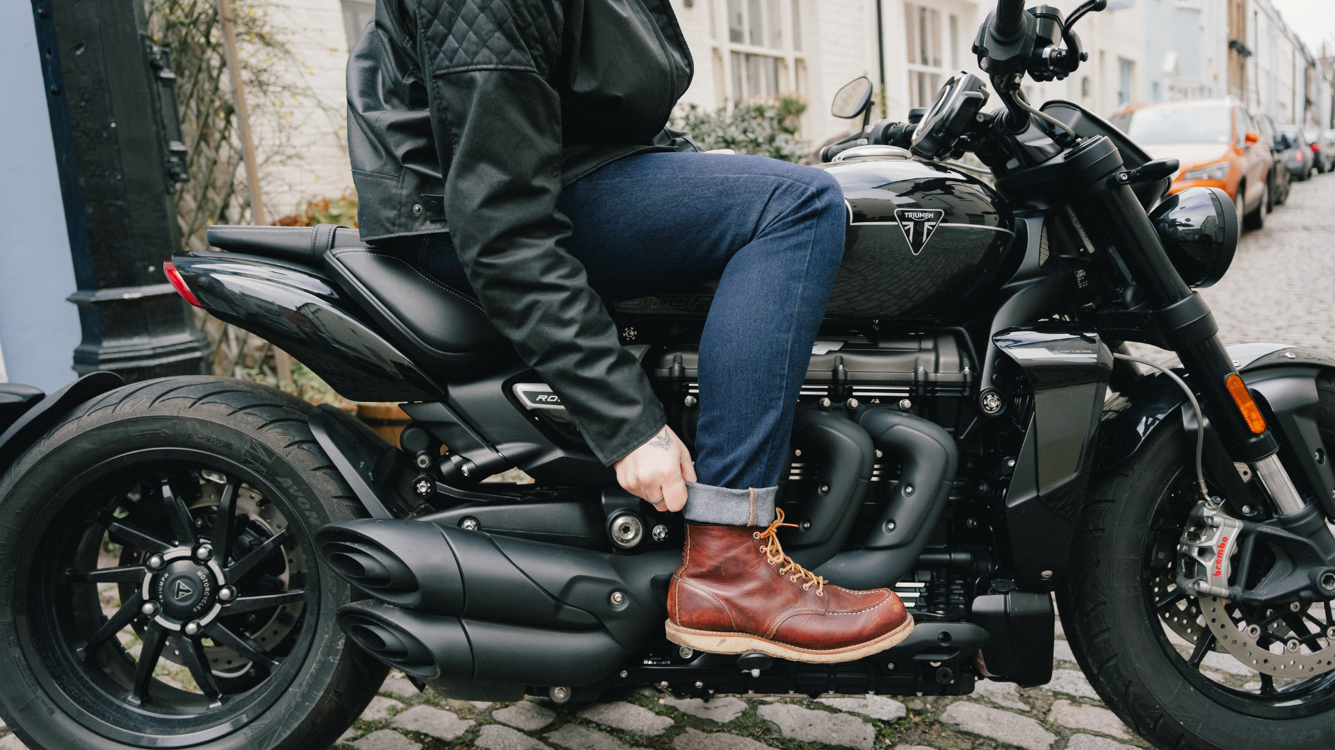 Man on Triumph wearing Armalith Jeans